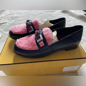 FENDI Women's Black Leather Pink Shearling Colorful Studded Loafers Size 6.5 NEW